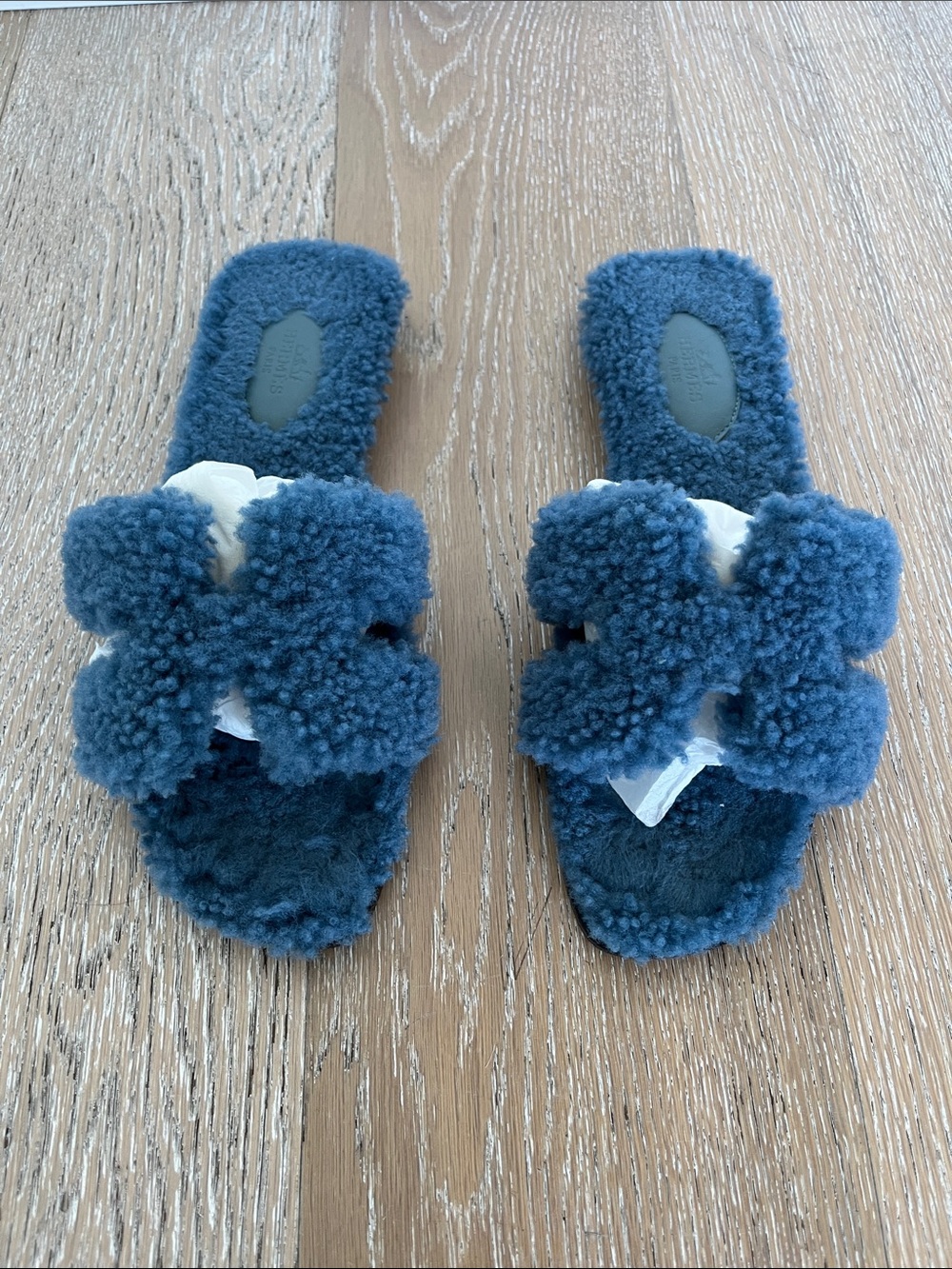 LIKE NEW Hermes Shearling Slide Sandals - Blue